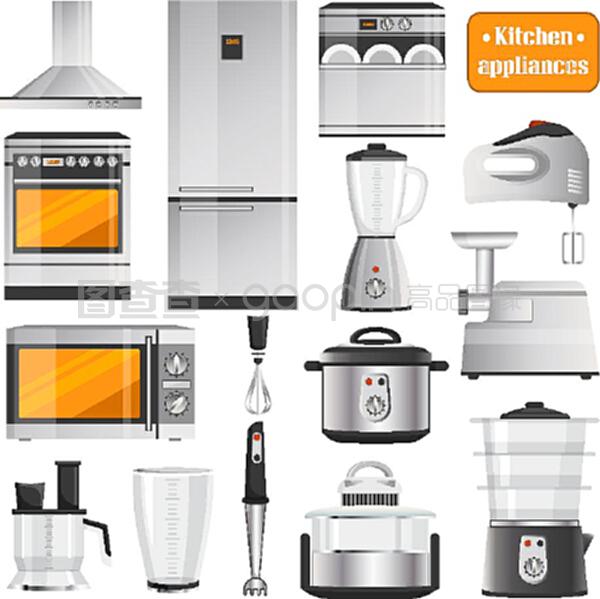 廚房用具,可烘烤、熱餐、混合物質、熟食、保持產品新鮮和混合成分矢量插圖廚房電器大型插圖集